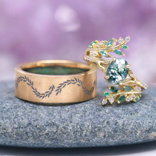 Green Moss Agate & Emerald Leaf Ring Set in 14K Yellow Gold Vermeil