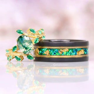Green Moss Agate & Emerald Leaf Ring in 14K Yellow Gold Vermeil