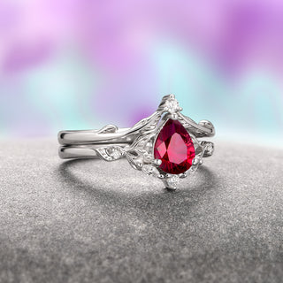 Fireworks Cut Lab-Grown Ruby Engagement Ring Set in 14K White Gold (Two Piece)