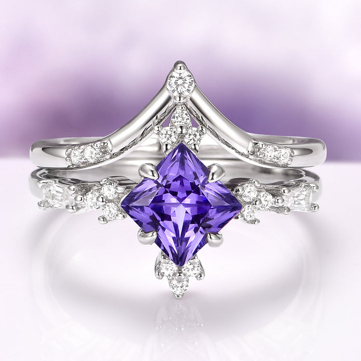 Natural Amethyst Engagement Ring Set in 14K White Gold
