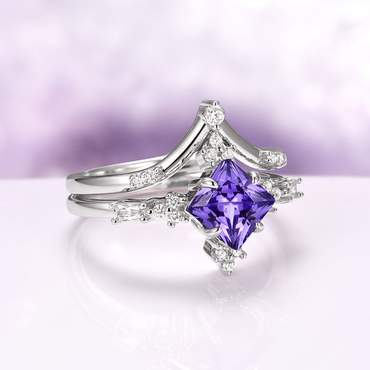 Natural Amethyst Engagement Ring Set in 14K White Gold