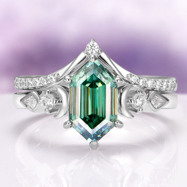 Elara Pacific Green Moissanite & Crescent Moon Engagement Ring Set in 14K White Gold