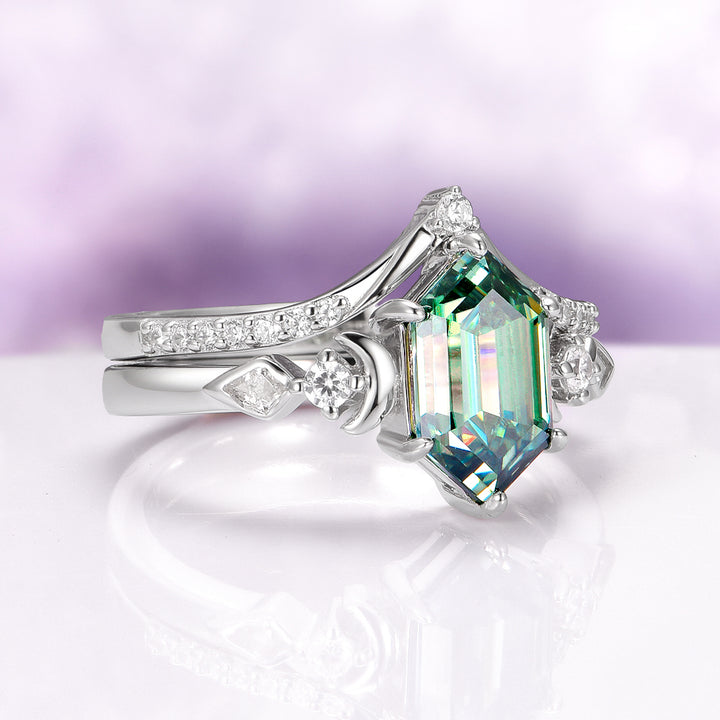 Elara Pacific Green Moissanite & Crescent Moon Engagement Ring Set in 14K White Gold