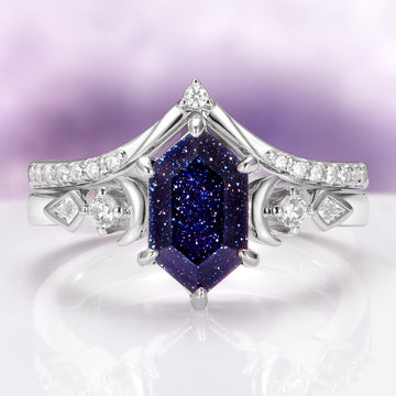 Elara Starry Night and Crescent Moon Couples Ring Set features a hexagonal deep blue sparkling gemstone set in polished sterling silver with rhodium finish, accented by delicate crescent moon and star motifs, designed by Foreverings for Matching Couples' Rings and Fantasy-Inspired Jewelry collections.