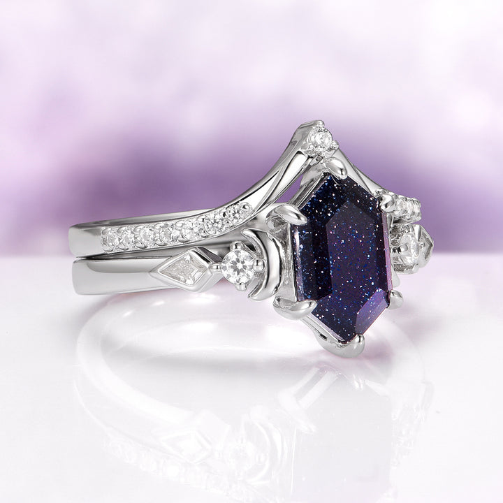 Elara Starry Night Crescent Moon Engagement Ring Set in Sterling Silver