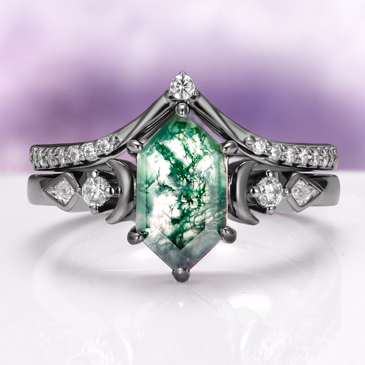 Elara Hexagon Green Moss Agate & Crescent Moon Ring Set in Black Ruthenium