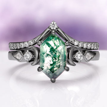 Elara Hexagon Green Moss Agate & Crescent Moon Ring Set in Black Ruthenium featuring hexagon-cut green moss agate, crescent moon accents, and sparkling diamonds by Aquamarise.