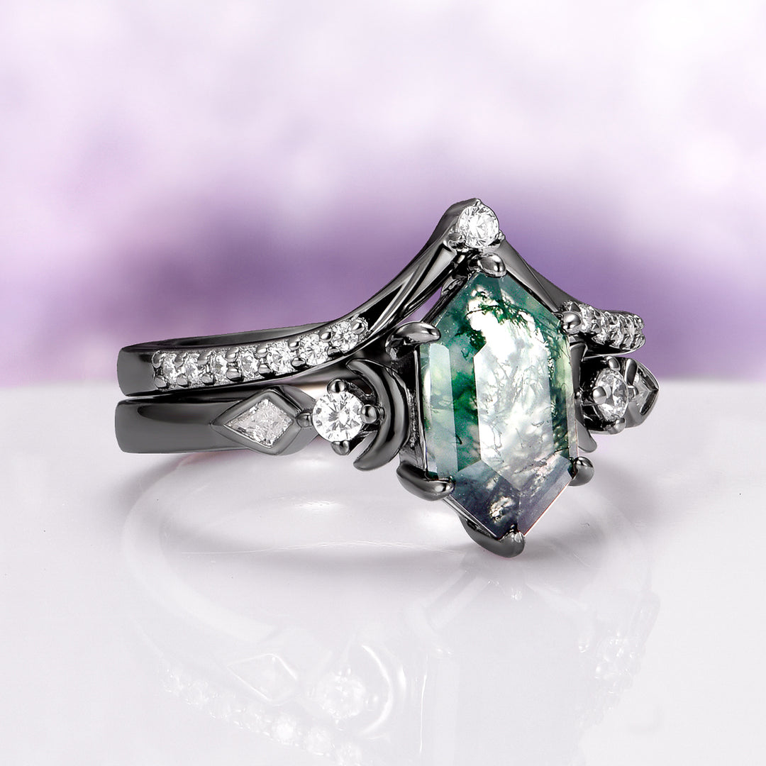 Elara Hexagon Green Moss Agate & Crescent Moon Ring Set in Black Ruthenium