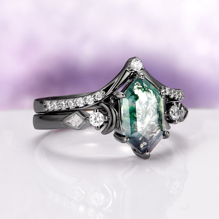 Elara Hexagon Green Moss Agate & Crescent Moon Ring Set in Black Ruthenium