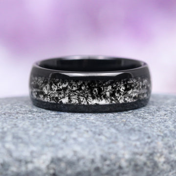 Rutilated Quartz Couples Ring Set featuring a polished black tungsten carbide band with intricate rutilated quartz inlay, crafted by Aquamarise for Matching Couples' Rings and Best Selling Jewelry collections.