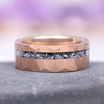 Galaxy Salt and Pepper (Herkimer) Diamond & Meteorite Couples Ring Set featuring a rose gold band with a textured meteorite inlay, combining celestial elegance and modern craftsmanship by Aquamarise from Matching Couples' Rings and Artisan Couples Rings collections.