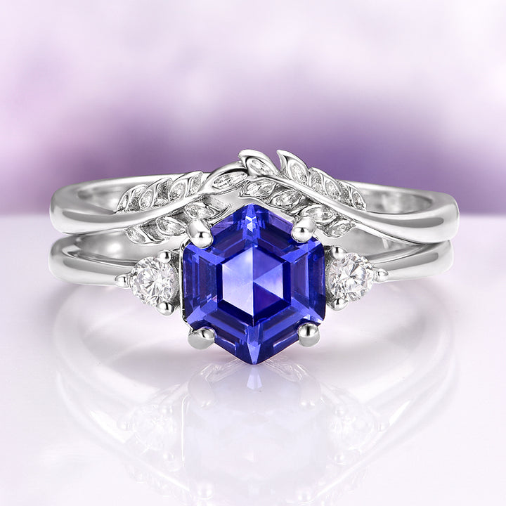 Hexagon Tanzanite Leaf Ring Set in Sterling Silver