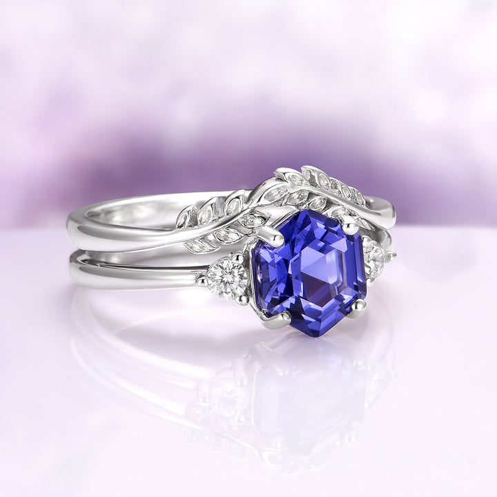 Hexagon Tanzanite Leaf Ring Set in Sterling Silver