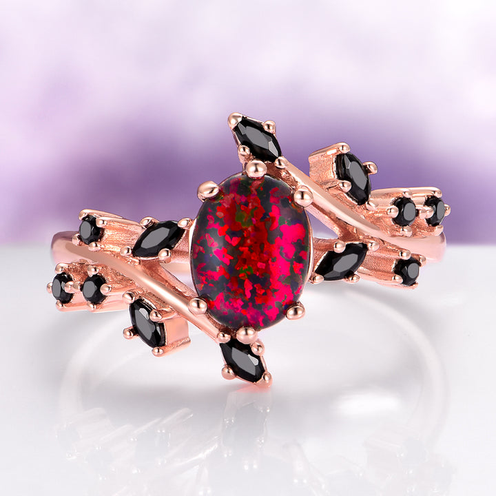 Black Fire Opal & Onyx Leaf Couples Ring