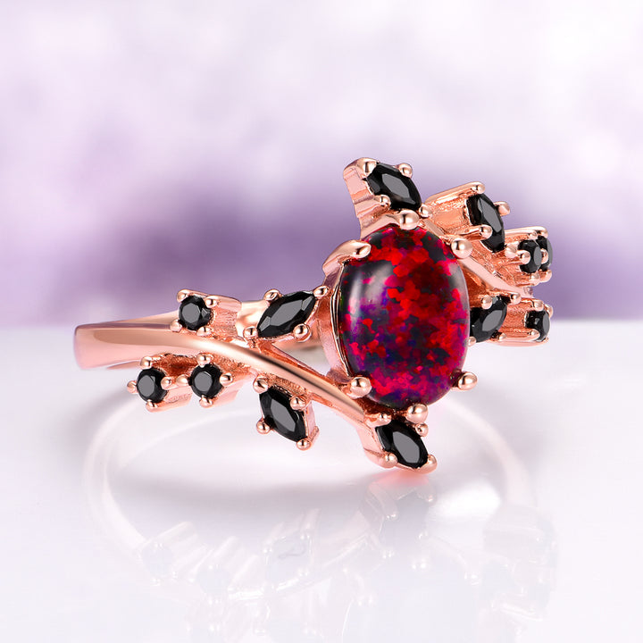 Black Fire Opal & Onyx Leaf Couples Ring