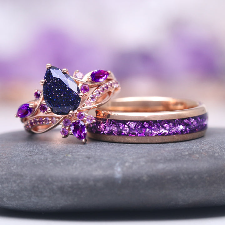 Feyre Starry Night & Amethyst Ring Set- 14K Rose Gold Vermeil