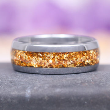 Fantasy Cut Citrine Couples Ring Set by Aquamarise, featuring a polished silver band inlaid with crushed natural citrine stones, part of Matching Couples' Rings, Citrine Jewelry, and Fantasy-Inspired Rings collections.