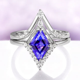 Borealis & Tanzanite Couples Ring Set- Northern Lights & Trees featuring a kite-cut tanzanite surrounded by diamonds in sterling silver, crafted by Aquamarise for matching couples' rings.