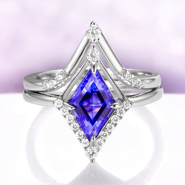Borealis & Tanzanite Couples Ring Set- Northern Lights & Trees featuring a kite-cut tanzanite surrounded by diamonds in sterling silver, crafted by Aquamarise for matching couples' rings.