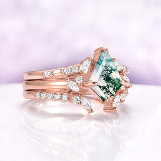 Kite Green Moss Agate 3-Piece Bridal Ring Set- 14K Solid Rose Gold