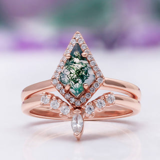 Kite Cut Green Moss Agate Engagement Ring Set in 14K Solid Rose Gold