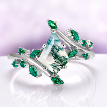 Kite Moss Agate & Emerald Leaf Couples Ring Set featuring a kite-shaped moss agate with emerald leaf accents on a sterling silver band by Aquamarise, perfect for nature-inspired matching rings.