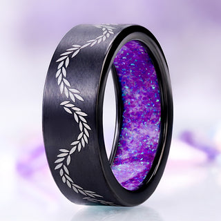 Laurel vine men's wedding band in brushed black titanium with a lab-created lavender opal sleeve lining the interior