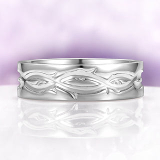 Moss Agate Leaf Couples Ring Set in sterling silver by Aquamarise, featuring an intricate leaf-inspired pattern on a polished band, part of Matching Couples' Rings and Nature-Inspired Jewelry collections.