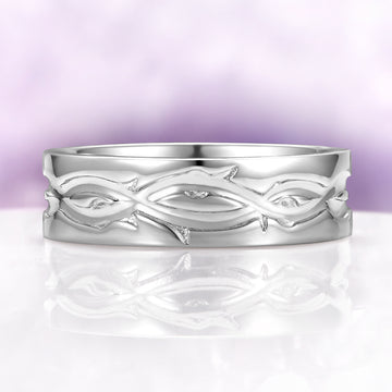 Moss Agate Leaf Couples Ring Set in sterling silver by Aquamarise, featuring an intricate leaf-inspired pattern on a polished band, part of Matching Couples' Rings and Nature-Inspired Jewelry collections.
