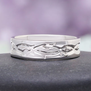 Moss Agate Leaf Couples Ring Set in sterling silver by Aquamarise, featuring a delicate leaf-inspired engraved pattern in a polished band from Matching Couples' Rings and Moss Agate Jewelry collections.