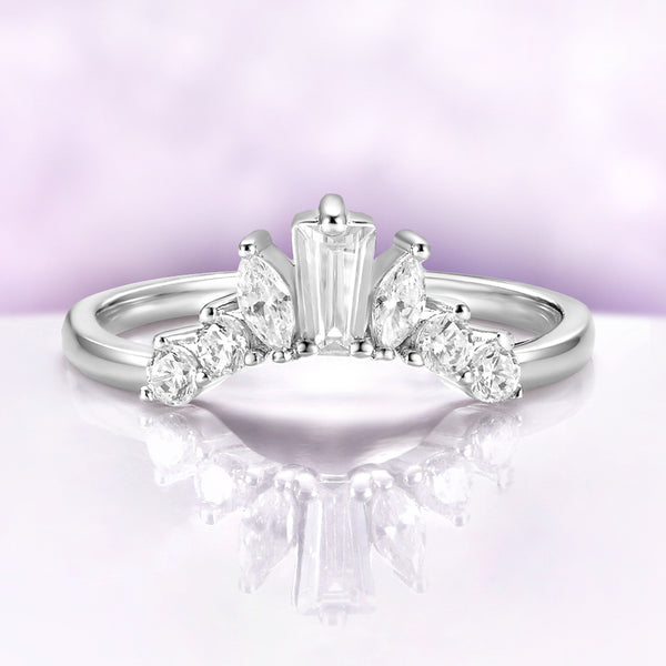 Marquise & Baguette Diamond Curved Wedding Band in 14K White Gold by Aquamarise Gold, featuring a vintage-inspired mixed-cut diamond cluster on a curved solid gold band.