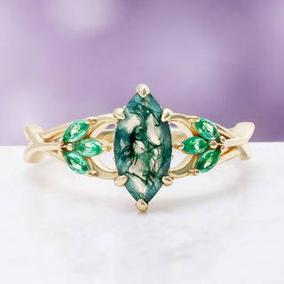 Marquise Celtic Knot Moss Agate Ring in 14K Yellow Gold Vermeil