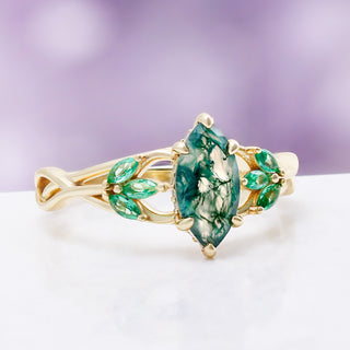 Marquise Celtic Knot Moss Agate Ring in 14K Yellow Gold Vermeil