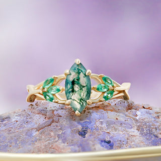 Marquise Celtic Knot Moss Agate Ring in 14K Yellow Gold Vermeil