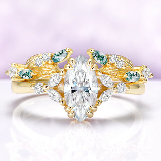 Marquise Lab Diamond &  Moss Agate Leaf Engagement Ring Set Ring Set  in Solid 14K Yellow Gold (IGI Certified) 