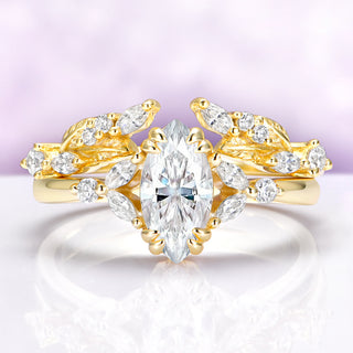Marquise Moissanite Leaf Engagement Ring Set in Solid 14K Yellow Gold