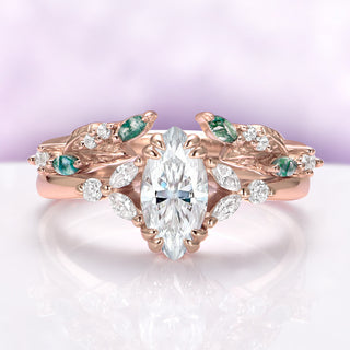 Marquise Lab Diamond & Moss Agate Leaf Engagement Ring Set in Solid 14K Rose Gold (IGI Certified)