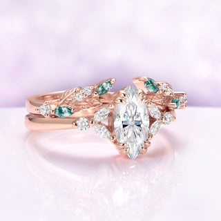 Marquise Moissanite & Moss Agate Leaf Bridal Ring Set in Solid 14K Rose Gold