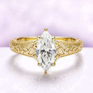 Marquise Victorian Gothic Filigree Engagement Ring in Solid 14K Yellow Gold