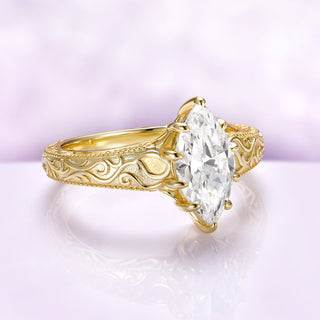 Marquise Victorian Gothic Filigree Engagement Ring in Solid 14K Yellow Gold