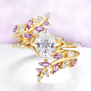 Lab-Grown Diamond & Amethyst Leaf Engagement Ring Set in Solid 14K Yellow Gold (IGI Certified)