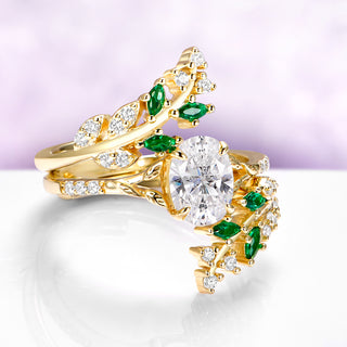 Moissanite & Emerald Fairy Leaf Engagement Ring Set in Solid 14K Yellow Gold