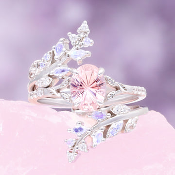 Fireworks Cut Morganite & Moonstone Leaf Couples Ring Set by Aquamarise, featuring a sparkling pink morganite and moonstone with delicate leaf-inspired sterling silver bands.