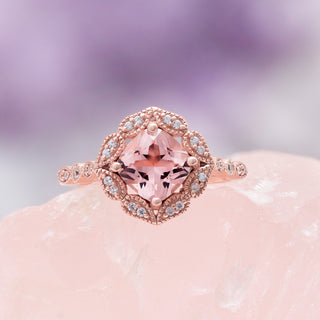 Art Deco Morganite Engagement Ring in Solid 14K Rose Gold