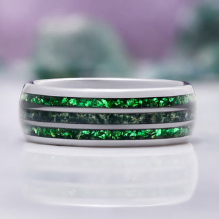 Side profile of the 8mm tungsten band with green moss agate inlay