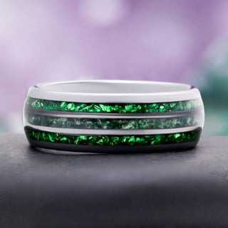 Close-up of the crushed emerald and moss agate inlay channel