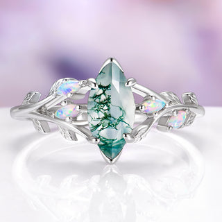 Moss Agate & Fire Opal Fairy Leaf Ring