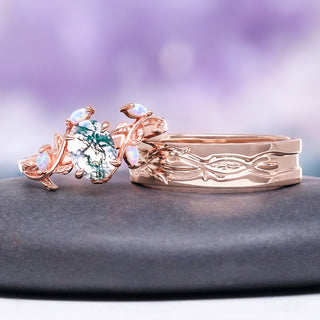 Moss Agate & Fire Opal Leaf Couples Ring Se