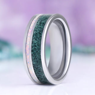Moss Agate & Fire Opal Men's Wedding Band in Tungsten (8mm) by Aquamarise, upright view showing the inlay running the circumference.