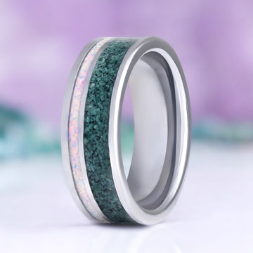 Moss Agate & Fire Opal Men's Wedding Band in Tungsten (8mm) by Aquamarise, upright view showing the inlay running the circumference.